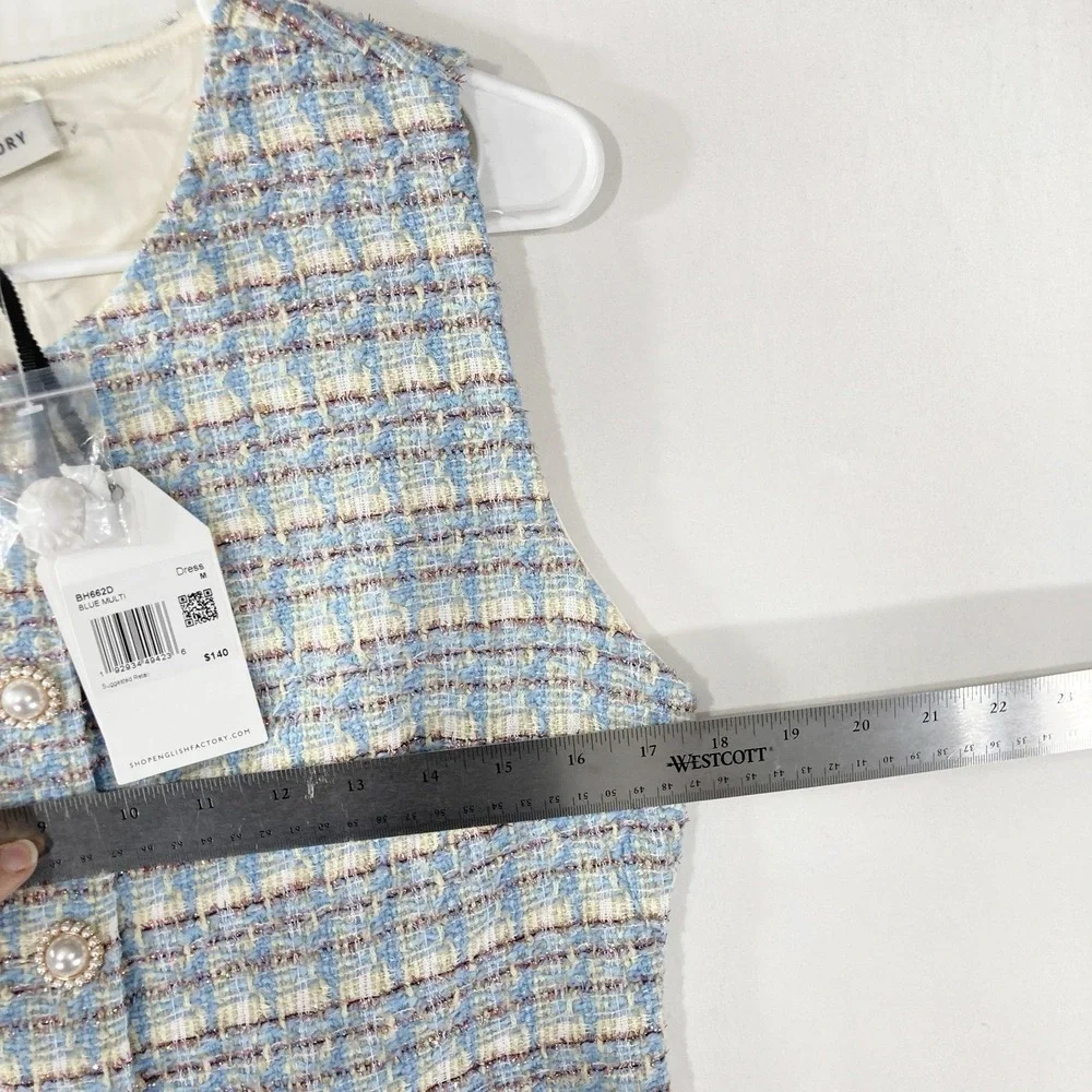 Wool Tweed Pearl Button Mini Dress Mod Woven Baby Blue Retro Womens M NWT $140